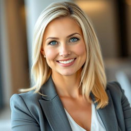 A 39-year-old woman with light blonde hair, elegantly styled in a professional manner, showcasing minimal makeup to highlight her natural beauty