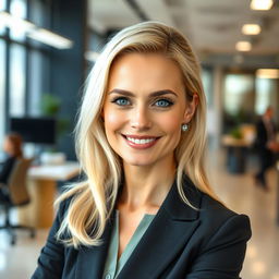 A 39-year-old woman with light blonde hair, elegantly styled in a professional manner, showcasing minimal makeup to highlight her natural beauty