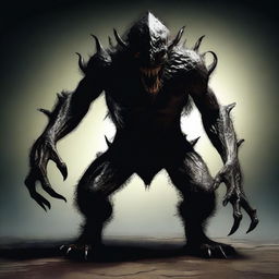 A hyper-realistic, HD digital art image depicting a terrifying monster that resembles a shadow, surrounded by darkness