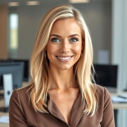 A 39-year-old woman with light blonde hair, styled neatly in a professional manner, showcasing minimal makeup that enhances her natural features