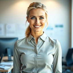 A 39-year-old woman with light blonde hair, styled neatly in a professional manner, showcasing minimal makeup that enhances her natural features