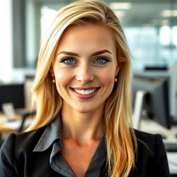A 39-year-old woman with light blonde hair, styled neatly in a professional manner, showcasing minimal makeup that enhances her natural features