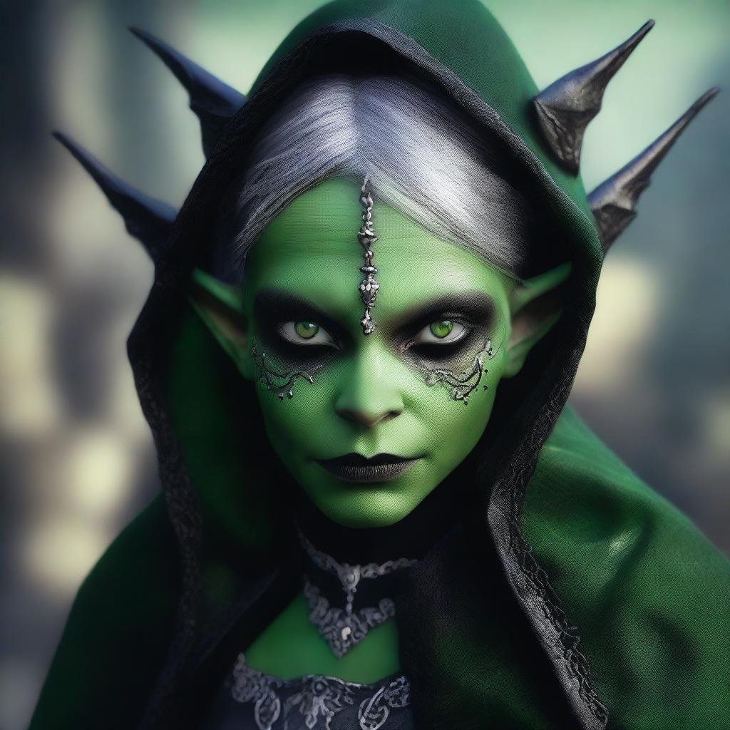 A photo-realistic image of a teenage gothic female goblin, her face adorned with heavy gothic makeup