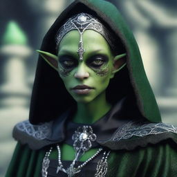 A photo-realistic image of a teenage gothic female goblin, her face adorned with heavy gothic makeup