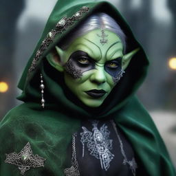 A photo-realistic image of a teenage gothic female goblin, her face adorned with heavy gothic makeup