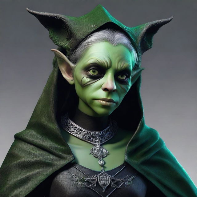 A photo-realistic image of a teenage gothic female goblin, her face adorned with heavy gothic makeup