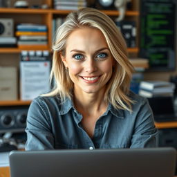 A 39-year-old woman with light blonde hair, styled neatly and effortlessly, showcasing minimal makeup that enhances her natural features