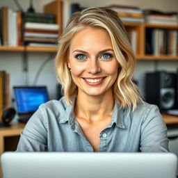 A 39-year-old woman with light blonde hair, styled neatly and effortlessly, showcasing minimal makeup that enhances her natural features