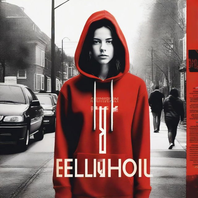 A high-quality movie poster image featuring a girl in a red hoodie walking down a suburban street