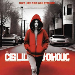 A high-quality movie poster image featuring a girl in a red hoodie walking down a suburban street