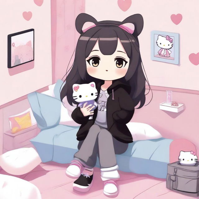 A high-resolution digital artwork featuring a Hello Kitty-inspired girl with dark brown hair, dressed in a black jacket and grey sweatpants, taking selfies in her Sanrio-styled, cozy bedroom