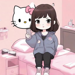 A high-resolution digital artwork featuring a Hello Kitty-inspired girl with dark brown hair, dressed in a black jacket and grey sweatpants, taking selfies in her Sanrio-styled, cozy bedroom