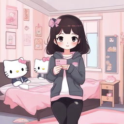 A high-resolution digital artwork featuring a Hello Kitty-inspired girl with dark brown hair, dressed in a black jacket and grey sweatpants, taking selfies in her Sanrio-styled, cozy bedroom