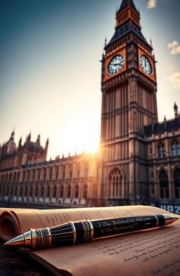 A detailed and artistic depiction of the British Parliament, showcasing its iconic architecture with intricate Gothic elements, including the clock tower known as Big Ben