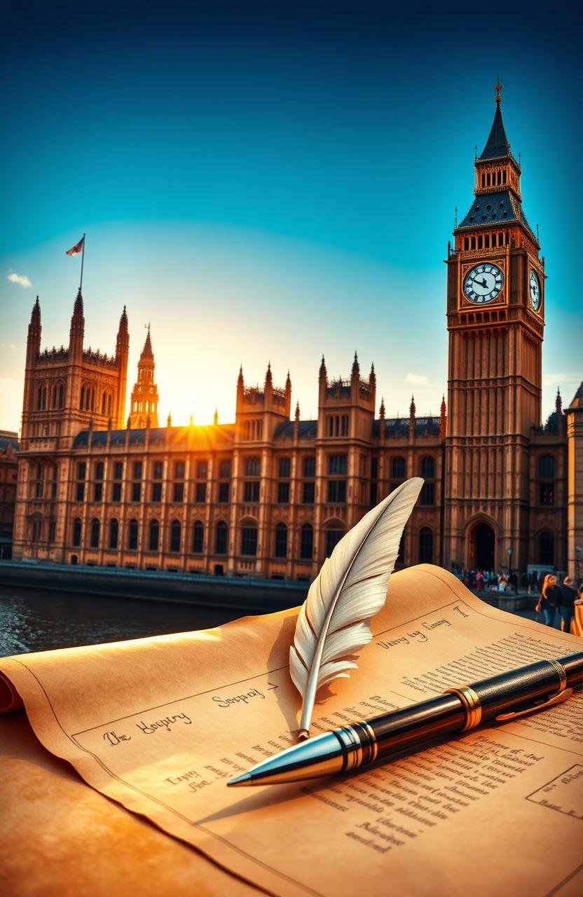 A detailed and artistic depiction of the British Parliament, showcasing its iconic architecture with intricate Gothic elements, including the clock tower known as Big Ben