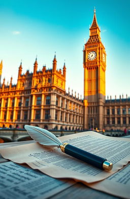 A detailed and artistic depiction of the British Parliament, showcasing its iconic architecture with intricate Gothic elements, including the clock tower known as Big Ben