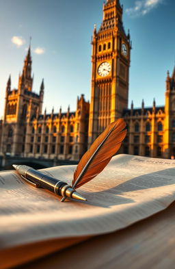 A detailed and artistic depiction of the British Parliament, showcasing its iconic architecture with intricate Gothic elements, including the clock tower known as Big Ben