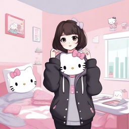 A high-resolution digital artwork featuring a Hello Kitty-inspired girl with dark brown hair, dressed in a black jacket and grey sweatpants, taking selfies in her Sanrio-styled, cozy bedroom