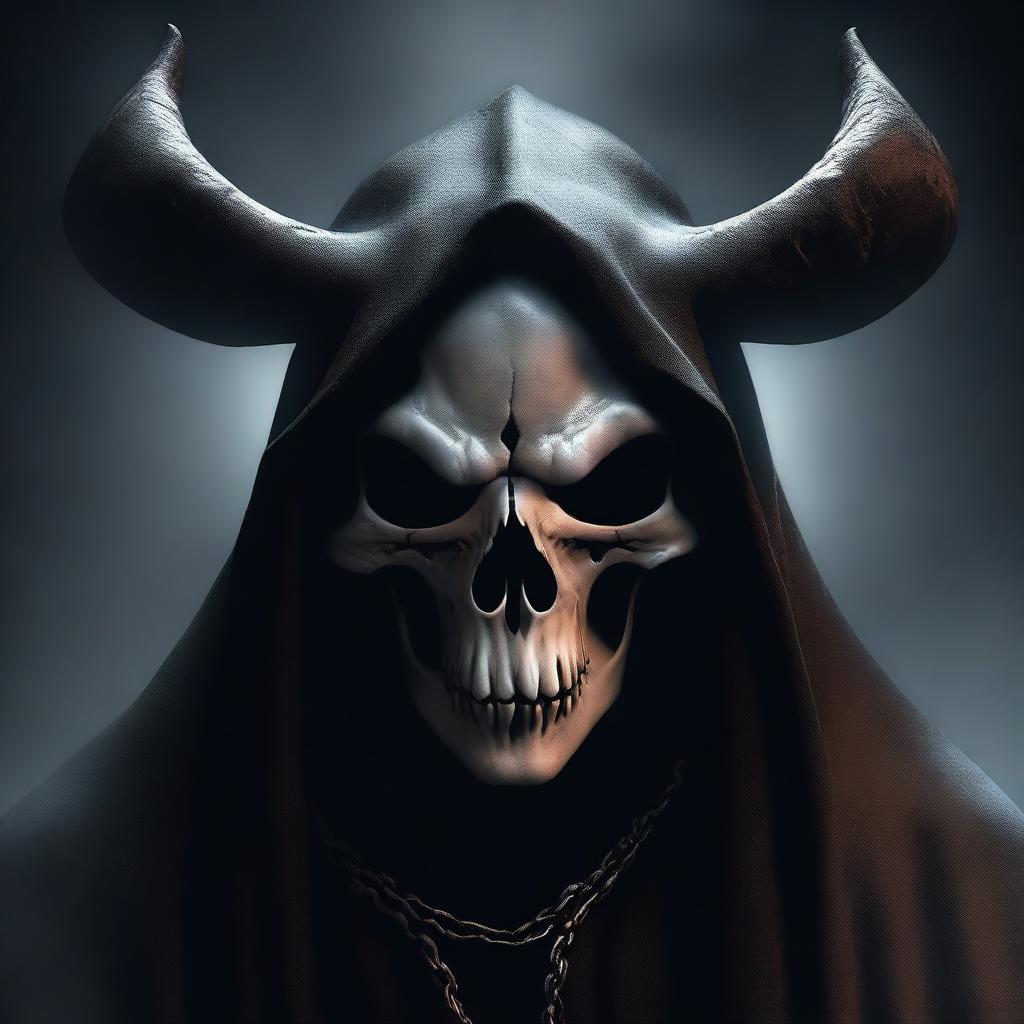 A hyper-realistic, HD digital art image depicting a spectral monster in the form of a horned skull shrouded in a black cloak, surrounded by darkness