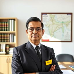 A portrait of a determined Indian Administrative Service (IAS) officer in formal attire, standing confidently in a well-lit office environment