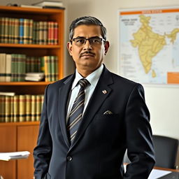 A portrait of a determined Indian Administrative Service (IAS) officer in formal attire, standing confidently in a well-lit office environment