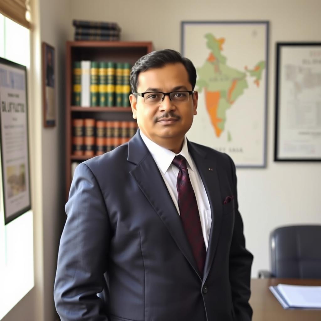 A portrait of a determined Indian Administrative Service (IAS) officer in formal attire, standing confidently in a well-lit office environment