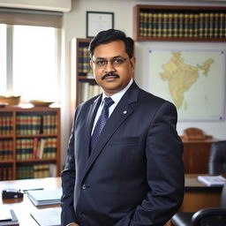 A portrait of a determined Indian Administrative Service (IAS) officer in formal attire, standing confidently in a well-lit office environment