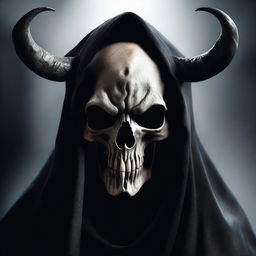 A hyper-realistic, HD digital art image depicting a spectral monster in the form of a horned skull shrouded in a black cloak, surrounded by darkness