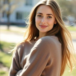 A 35-year-old woman with natural style and light skin, featuring minimal makeup