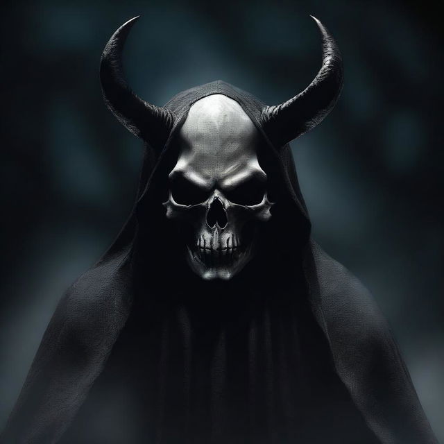 A hyper-realistic, HD digital art image depicting a spectral monster in the form of a horned skull shrouded in a black cloak, surrounded by darkness