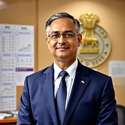 A professional portrait of a dedicated Indian Revenue Service (IRS) officer in formal attire, standing proudly in a government office setting