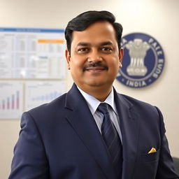 A professional portrait of a dedicated Indian Revenue Service (IRS) officer in formal attire, standing proudly in a government office setting