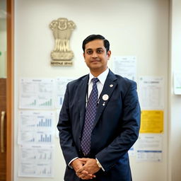 A professional portrait of a dedicated Indian Revenue Service (IRS) officer in formal attire, standing proudly in a government office setting