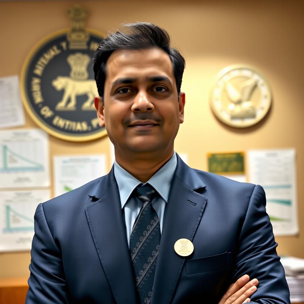 A professional portrait of a dedicated Indian Revenue Service (IRS) officer in formal attire, standing proudly in a government office setting