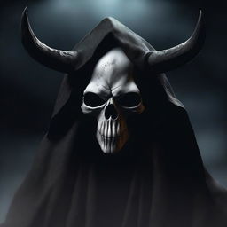 A hyper-realistic, HD digital art image depicting a spectral monster in the form of a horned skull shrouded in a black cloak, surrounded by darkness