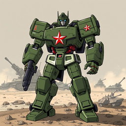 A detailed illustration of a robotic soldier inspired by the Autobots, featuring a design that incorporates Soviet army green camouflage blended with the iconic red star emblem