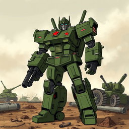 A detailed illustration of a robotic soldier inspired by the Autobots, featuring a design that incorporates Soviet army green camouflage blended with the iconic red star emblem