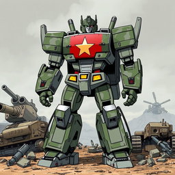 A detailed illustration of a robotic soldier inspired by the Autobots, featuring a design that incorporates Soviet army green camouflage blended with the iconic red star emblem