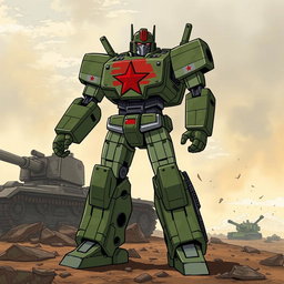 A detailed illustration of a robotic soldier inspired by the Autobots, featuring a design that incorporates Soviet army green camouflage blended with the iconic red star emblem