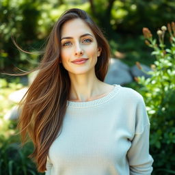 A 35-year-old woman with a natural style and light skin, featuring minimal makeup