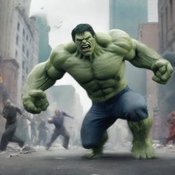 A high-quality 3D digital art image depicting the Incredible Hulk, colored grey, engaged in an intense fight with a terrifying alien creature in the middle of a bustling city