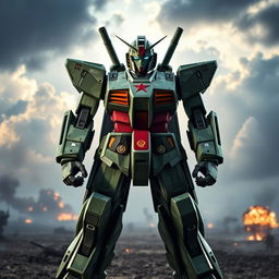 A futuristic Gundam mech designed in a Soviet army green camouflage pattern, prominently featuring a bold red star emblem on its chest