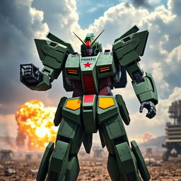 A futuristic Gundam mech designed in a Soviet army green camouflage pattern, prominently featuring a bold red star emblem on its chest