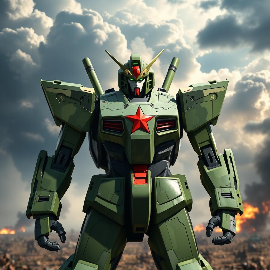 A futuristic Gundam mech designed in a Soviet army green camouflage pattern, prominently featuring a bold red star emblem on its chest