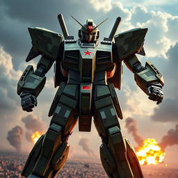 A futuristic Gundam mech designed in a Soviet army green camouflage pattern, prominently featuring a bold red star emblem on its chest