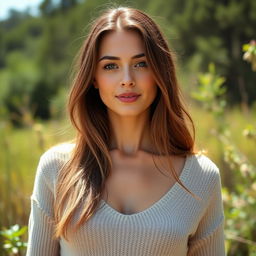 A 35-year-old woman with a natural style and light skin, featuring minimal makeup