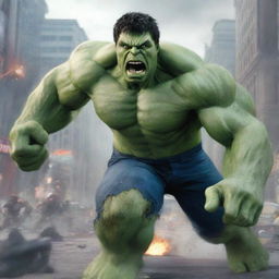 A high-quality 3D digital art image depicting the Incredible Hulk, colored grey, engaged in an intense fight with a terrifying alien creature in the middle of a bustling city