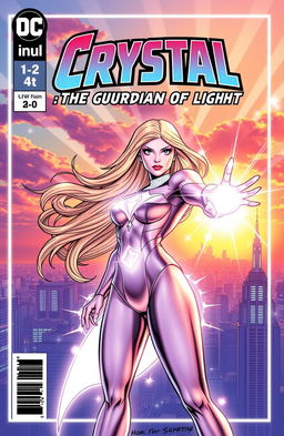 Comic book cover featuring a superhero named Crystal, portrayed as a strong and confident woman with long, flowing hair that sparkles like sunlight