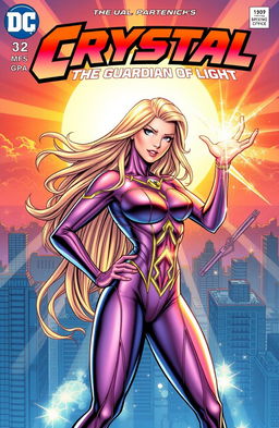 Comic book cover featuring a superhero named Crystal, portrayed as a strong and confident woman with long, flowing hair that sparkles like sunlight