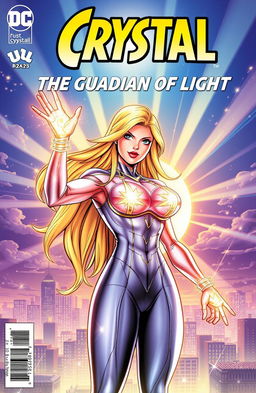 Comic book cover featuring a superhero named Crystal, portrayed as a strong and confident woman with long, flowing hair that sparkles like sunlight